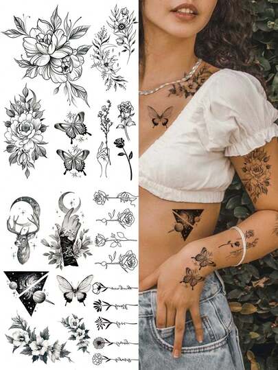 6pcs/Set Small Floral Temporary Tattoos - Minimalist Y2K Spring Floral & Butterfly Multipattern Tattoo Stickers, DIY For Anime Festival, Carnival, Music Festival, Valentine's Day, Party Gifts, Suitable For Fingers, Ears, Shoulders, Neck, Collarbones, Waterproof & Realistic