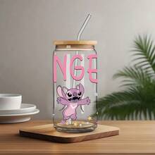 Disney 1pc 16oz Glass Cup With Cute Angel Pattern, Comes With Lid And Straw, Multi-Purpose Water Bottle, Boxed With Anti-Counterfeit Code - Angie - View 6