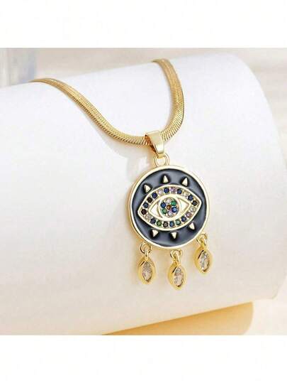 1 pieza Collar con colgante de lágrima cuadrado esmaltado negro chapado en oro de acero inoxidable con cadena plana, moda vintage versátil para hombres y mujeres, adecuado para ropa urbana, uso diario, vacaciones y fiestas (empaquetado en bolsa OPP)