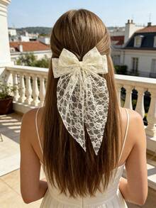 3/4pcs Set Elegant Lace Bow Snap Clips, Sweet Elegant Ethereal Ribbon Ponytail Clips, Fashionable Hair Accessories - Multicolor - View 2