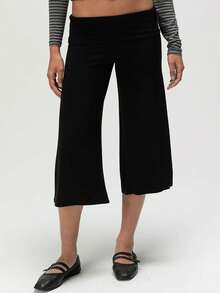 Women Fold Over Lounge Capris Flare Pants Low Rise Wide Leg Flowy Gaucho Pants Comfy Casual Yoga Cropped Trouser Folding Palazzo Culotte Pajama Bottoms - 黑色 - 查看 2