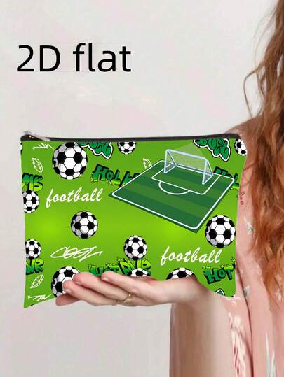 1个便携式拉链化妆包，足球图案，绿黑相间，方便旅行洗漱包（男女通用），适合足球迷日常使用，耐用拉链设计，1个可折叠便携式洗漱包，足球图案，拉链封口，男女通用，旅行收纳/日常使用，生日、毕业、节日礼物送给朋友