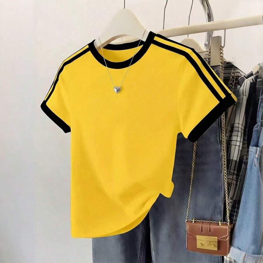 Women's Casual Contrast Color Side Stripe T-Shirt, College Style Daily Wear Short Sleeve Tee, Summer Patchwork Minimalist Fitted Retro Striped Sports Top - Yellow - View 1