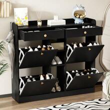 Edler weißer Schuhschrank mit 4 Klapptüren, 2 Schubladen, 3 offenen Fächern - perfekt für moderne Flure und Eingangsbereiche, Maße 110 x 26 x 100 cm - Schwarz - Übersicht 7