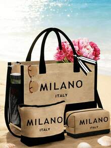 This Women's Beach Themed Handbag Set Features The Artistic "Milano Italy" Logo And Includes A Large Capacity Handbag And Two Makeup Bags. - Multicolor - View 1