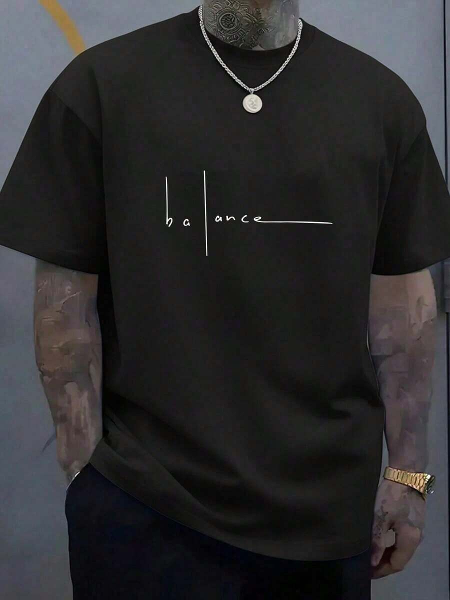 Men's Christmas Shirt (Plus Size) With Simple Letter Print, Round Neck And Short Sleeves - Casual Item - 黑色 - 查看 1
