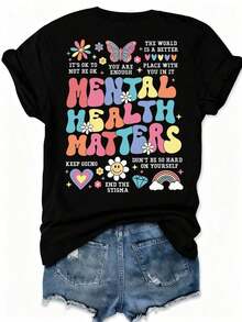 Camiseta Casual de Manga Corta Howell, Estampada con Frases, Adecuada para el Verano, Top de Verano para Mujer, "Está bien, no estás solo/a", "Eres lo suficientemente bueno/a", "Contigo, el mundo es mejor", "La salud mental importa", "Sigue adelante", "No seas tan tú mismo/a", "Elimina la discriminación" Negra - Negro - Ver 4