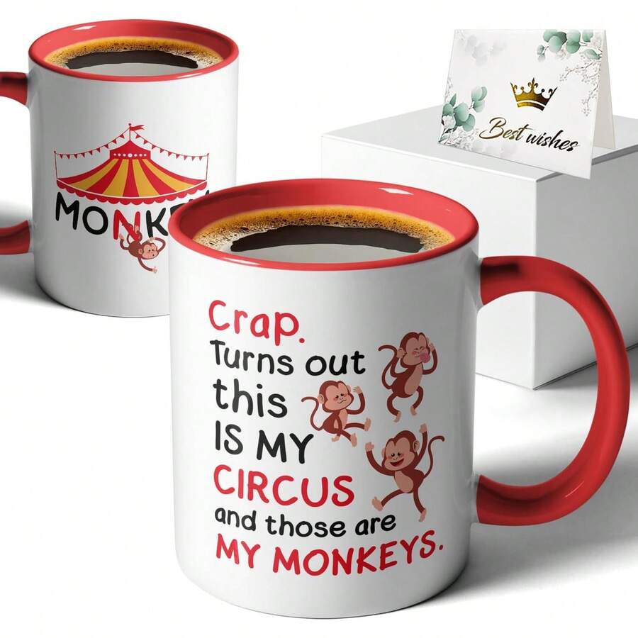 Oh non, c'est mon cirque, ce sont mes singes, intéressante tasse à café en céramique à double face imprimée pour le bureau et la maison, cadeaux pour maman, patron, professeur, collègues, cadeaux d'anniversaire, cadeaux de fête des mères, cadeaux pour parents. - Rouge - Voir 1