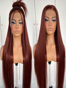 13x4 Reddish Brown Lace Front Wig Pre-Plucked Glueless Straight HD Lace Front Wig Synthetic Red Brown Long Straight Lace Front Wig 28inch - Multicolor - View 1