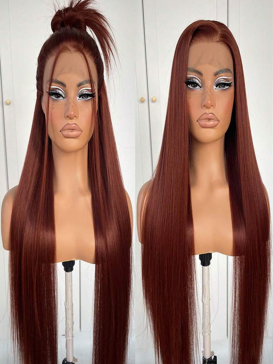 13x4 Reddish Brown Lace Front Wig Pre-Plucked Glueless Straight HD Lace Front Wig Synthetic Red Brown Long Straight Lace Front Wig 28inch - Multicolor - View 1