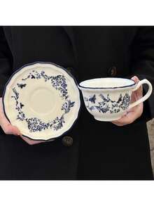 一套法式蓝白蝴蝶陶瓷杯碟套装，含8英寸餐盘、咖啡杯碟，奢华复古乔迁礼品 - 彩色 - 查看 9