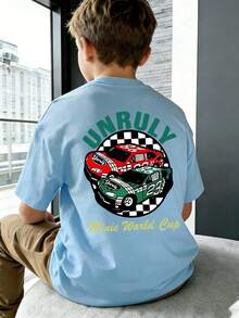 Camiseta de manga corta con estampado gráfico para niños preadolescentes, top casual de verano para estudiantes jóvenes - Celeste - Ver 3