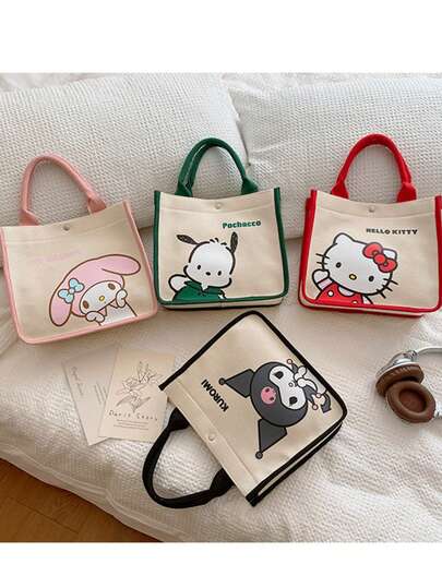 SANRIO 多功能休闲帆布手提包，可爱卡通印花，大容量，便携设计，适合日常使用、休闲、购物、通勤，尤其适合卡通爱好者、年轻女性、学生、上班族，也是送给朋友/爱人的贴心礼物。午餐盒、便当袋、野餐袋、保温袋，是学校假期必备的夏季必备单品。