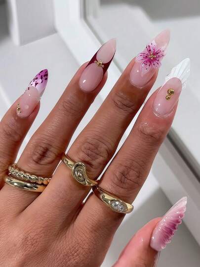 24pcs 3D Embossed Floral Acrylic Nails | Nude & Burgundy French Tip | Purple Gradient & Gold Bead Accents | Luxury Long Almond Press-On Nails