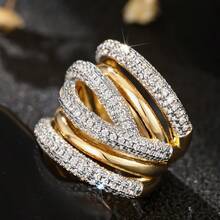 时尚宫廷风线条组合设计戒指，镂空镀金锆石美学珠宝礼品 - 金色 - 查看 9