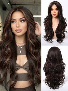 Long Wavy Wigs Dark Brown Mix Brown Highlight Wig Medium Part Water Wave Hair For Women Synthetic Hair Heat Resistant For Daily Natural Appearance Party Cosplay Use-24-Inches Suitable For Fashionable Women - Brown Highlight - View 2