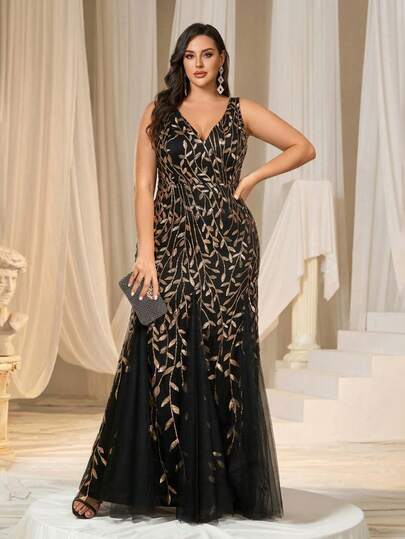 EVERPRETTY 大码女士华丽无袖V领亮片鱼尾礼服黑色连衣裙，适合派对、婚礼宾客、正式场合、晚宴等场合，春季优雅之选