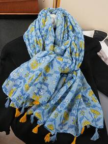 1条波西米亚简约印花围巾，时尚女士披肩，新款户外度假防晒沙滩巾，亚麻质感复古流苏围巾 - 彩色 - 查看 11