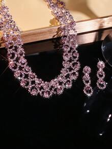 2pcs/Set Women's Party/Wedding Crystal Decor Necklace, Pendant And Earrings Set - Suitable For Daily Wear, Wedding, Party And Other Occasions - Baby Pink - View 3
