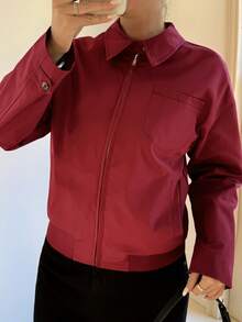 女士翻领长袖短款外套，带口袋，梭织面料，无弹力，酒红色 - 酒紅色 - 查看 7
