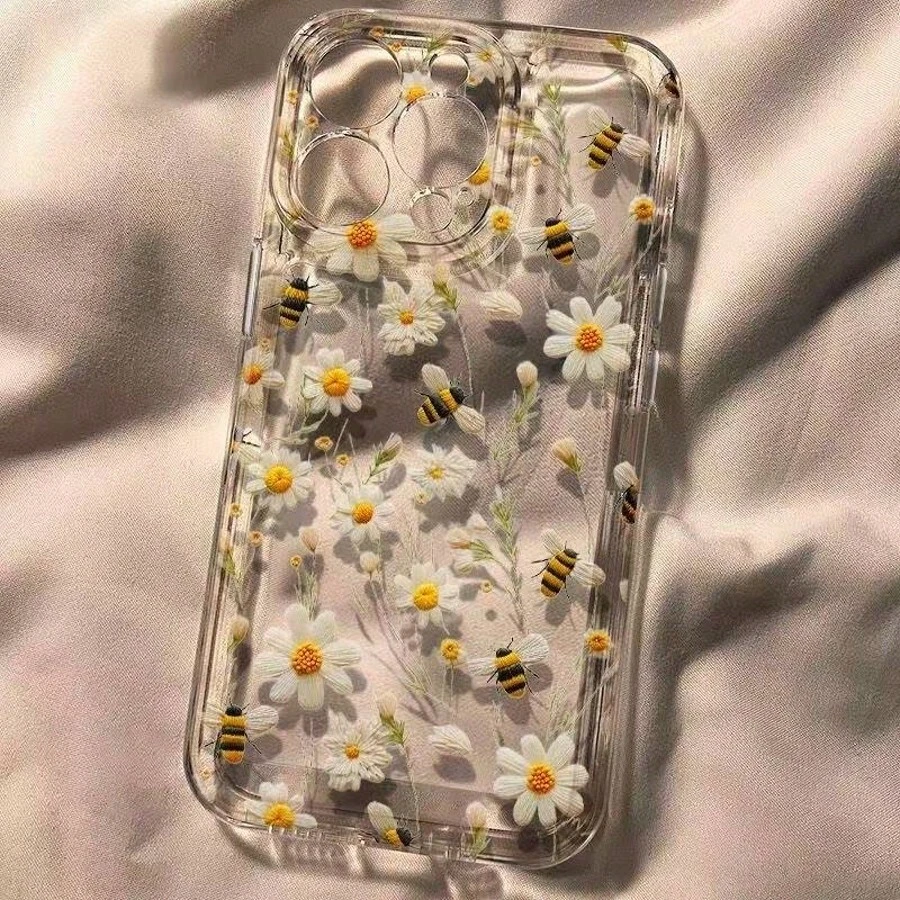 1pc Cute Bee & Flower Pattern Phone Case Compatible With Apple 17/17 Pro Max/16 15 Pro Max 14 Plus 13 12 11 XS XR X 7 And Series S21/S22/S23/S24/S25/A71/A51/A55, Full Coverage Fashion Design, Elegant, Precise Cutouts - Multicolor - View 1