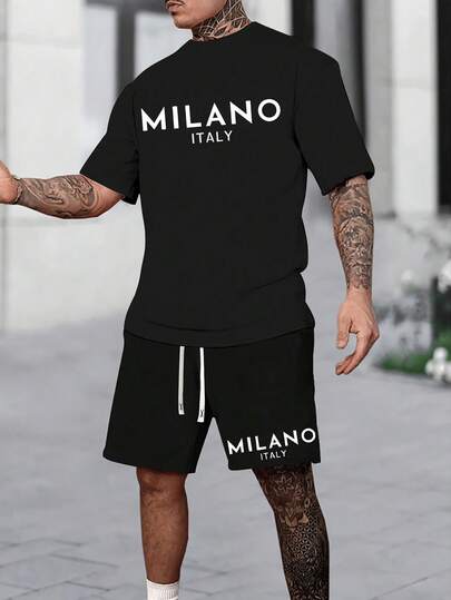 NUDEA MILANO ITALY Letter Printed Men's Two-Piece Set, Casual Round Neck Short Sleeved T-Shirt And Drawstring Shorts With Pockets, Cool And Comfortable Summer Versatile Clothing Men 2 Piece Set  Summer Outfits