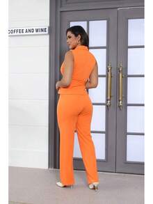 CALEBGAR Women's Business Suit V Neck Sleeveless Belted Vest And High Waisted Straight Leg Pants 2 Piece Office Workwear Set - 橘色 - 查看 8