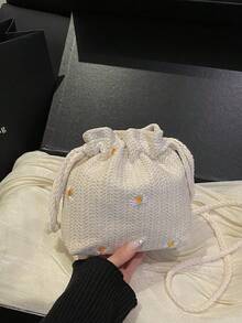 Solid Color Mini Foldable Drawstring Shoulder Bag, Woven Bucket Shoulder Bag (Pattern, Color, And Placement Vary Randomly) - Beige - View 7