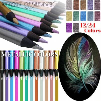 Black Wood 12 Metallic Colored Pencils For Coloring, Drawing, DIY Creating Scrapbook Albums And Greeting Cards, Enhanced Effect On Black Paper