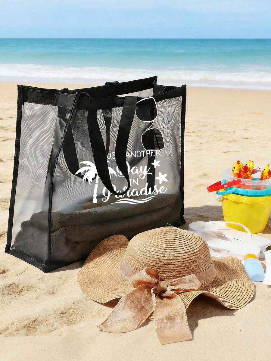 Large Mesh Beach Tote Bag Set For Women, Printed With "Just Another Day In Paradise" Letter Pattern, Mesh Tote Bag + Small Pouch + Straw Sun Hat + Heart Fashion Glasses, Mesh Beach Bag, Personalized Gift Bag, Mesh Cosmetic Bag - Multicolor - View 1