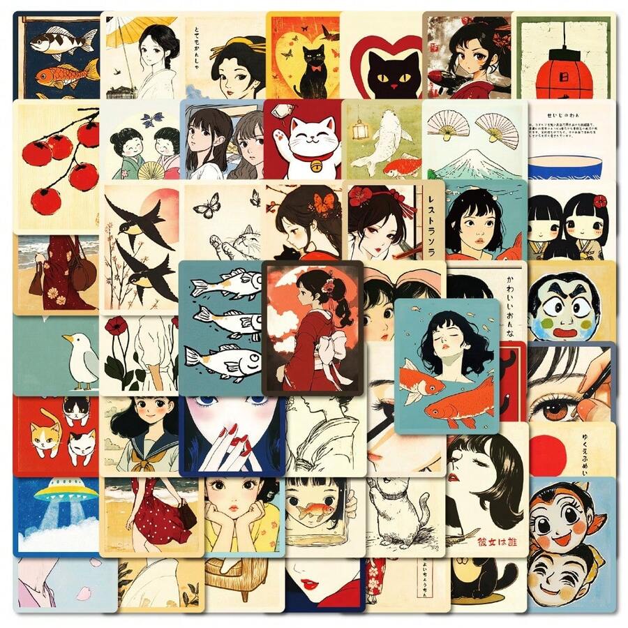 50 piezas Pegatinas retro japonesas creativas, para decorar cuadernos, computadoras, fundas de teléfonos, guitarras, escritorios, botellas de agua, maletas, patinetas, refrigeradores, material personalizado para decorar bolsos - Multicolor - Ver 1