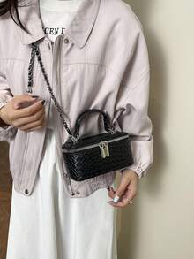 奢华编织盒形包 - 迷你链条手提包 - 黑色 - 查看 3