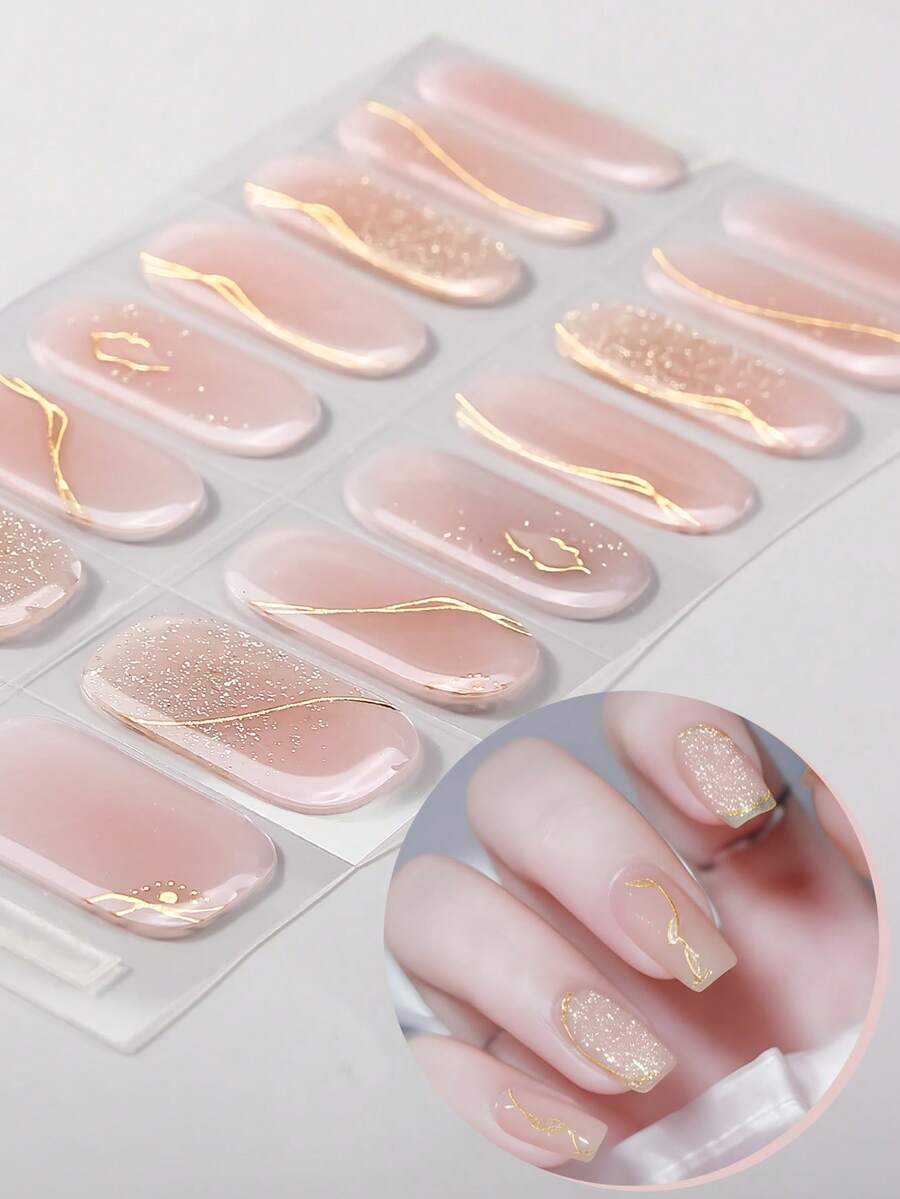 16 piezas de tiras de gel para uñas con degradado de melocotón de primavera/verano, pegatinas de uñas de gel con hilos dorados brillantes de estilo lujoso y exquisito, calidad de salón, requiere lámpara UV, perfectas para citas de damas, pegatinas de arte de uñas DIY en casa - Albaricoque - Ver 1