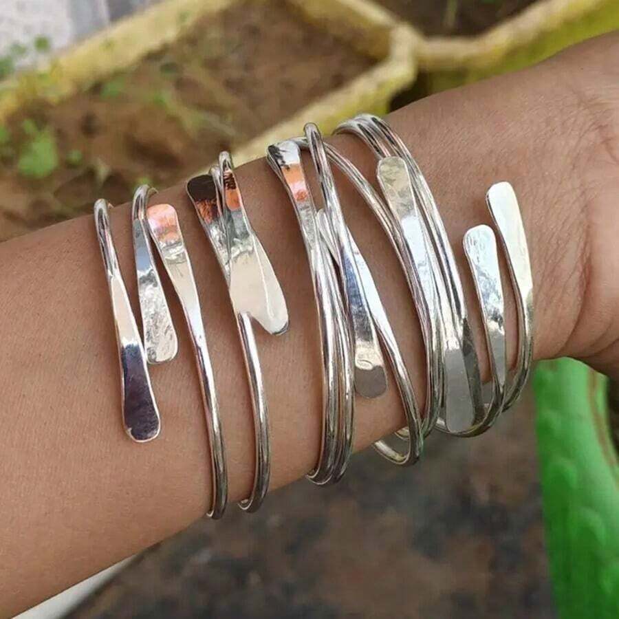 5pcs/Set Retro Adjustable Silvery Bangles Stacking Bangles For Women Daily Party Holiday Jewelry Birthday Gift - 銀色 - 查看 1