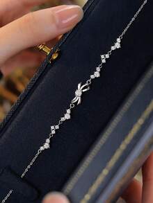 1pc S925 Sterling Silver Delicate Sweet Elegant Cute Niche High-End Zirconia Bowknot Heart Bracelet, Suitable For Women's Daily Wear, Party & Gift - Silver - View 4