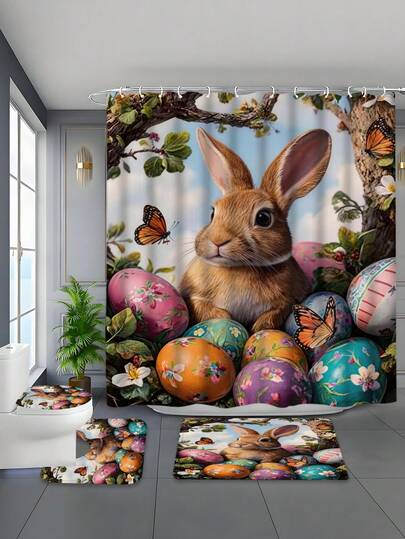 1/4pcs Vintage Easter Bunny Canvas Oil Painting Style Art Print, Waterproof Bathroom Curtain Set, Tranquil Healing, Waterproof Mildew-Proof, Thick Polyester, No Drill Installation, Anti-Slip Mat, Absorbent Toilet Pad, Digital Printing, Fade-Resistant, Machine Washable, All Season, Easter Holiday Limited Edition