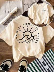 Plus Size Women Summer Casual Vacation Daily Commute Simple Drawing Sun Wave Letter Print Loose Fit T-Shirt Comfy Sets Summer Women Summer Lounge Set Cute Summer Sets Summer Clothes Set Summer Matching Set-New Minimalist-Style Summer And Autumn Apparel - 杏子2 - 查看 8