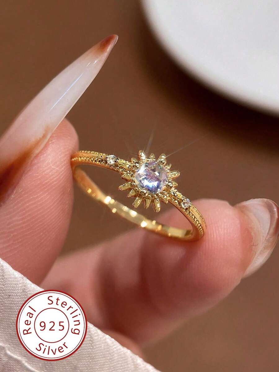 1 pieza Anillo de plata de ley 925 con sol brillante micro-incrustado de circonita, anillo de lujo minimalista de uso diario para mujer, accesorio para fiestas, regalo de joyería de alta calidad - Anillo de circonitas micropavimentadas Sun - Ver 1