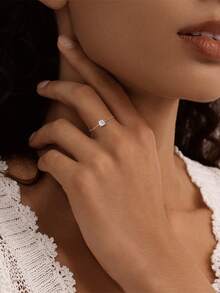 1 Pc Heart Symbol 925 Sterling Silver Moissanite Adjustable Ring 18K Gold Plated For Women Daily Wear Party Anniversary Valentine's Day Wedding Bridal Jewelry - Silver - View 3