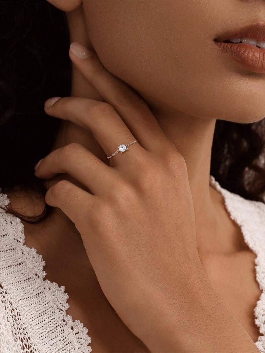 1枚心形925纯银莫桑石可调节戒指，18K镀金，女士日常佩戴，适合派对、周年纪念、情人节、婚礼、新娘首饰 - 銀色 - 查看 1