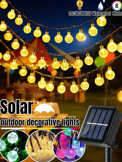 20/50/100 LED 太阳能花园灯 - 8 种闪烁模式，户外太阳能水晶球灯串，防水仙女灯，现代风格，塑料材质，适用于花园、酒馆、派对、商业场所、凉亭、婚礼、节日、复活节装饰（暖白/白/彩色）