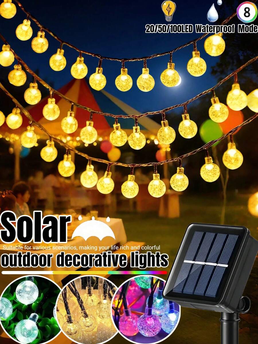 20/50/100 LED Solar Garden Light -8 Flashing Modes, Outdoor Solar Crystal Ball Light String, Waterproof Fairy Light, Modern Style, Plastic Material, Suitable For Garden, Tavern, Party, Commercial, Pavilion, Wedding, Party, Festival, Easter Decoration (Warm White/White/Color)