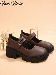 Foot Flair 女士玛丽珍厚底粗跟踝带高跟鞋 Y2K 哥特洛丽塔牛津鞋经典舒适校服正装鞋，尺码偏小一码 - 棕色 - 查看 8