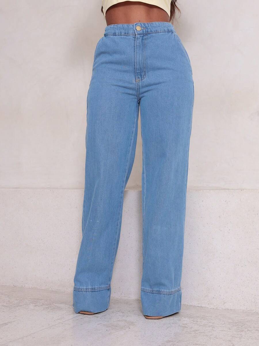Calça Jeans Wide Leg Feminina Cintura Alta com Elástico na Cintura