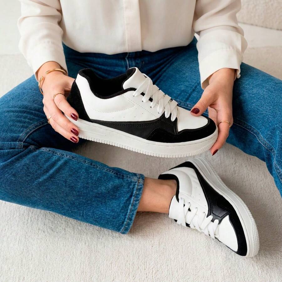 Women's Casual Low-Top Sneakers, White, Black, Nude, Striped, Gym, Walking, New Release - 黑白 - 查看 1