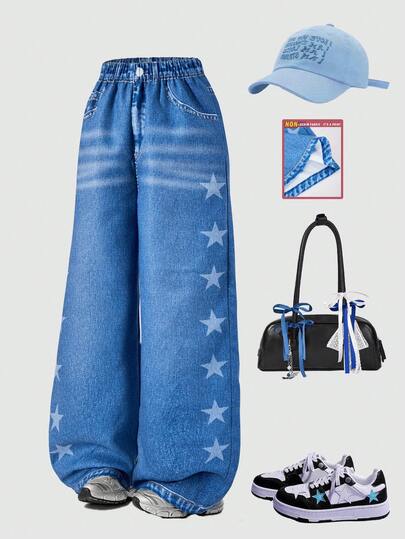 Quần ống đứng dáng rộng thời trang và dễ thương dành cho bé gái tuổi teen với họa tiết ngôi sao tối giản, chất liệu giả denim, phù hợp cho các hoạt động ngoài trời mùa xuân, hè, thu, dự tiệc, đi học và mặc hàng ngày.