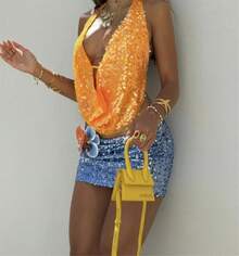 Women Halter Sequin Tank Tops Sparkly Glitter Mermaid Costumes Backless Vests Summer Sleeveless Deep V-Neck Drape Front Camisoles Crop Tops Party Clubwear Streetwear - 金色 - 查看 2