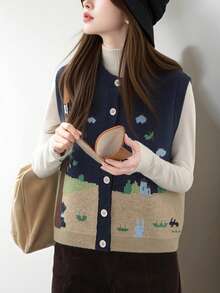 Alicedudu Women's Autumn Casual Cartoon Fun Pattern Floral Print Ribbed Knit Cardigan Vest - Navy Blue - View 1
