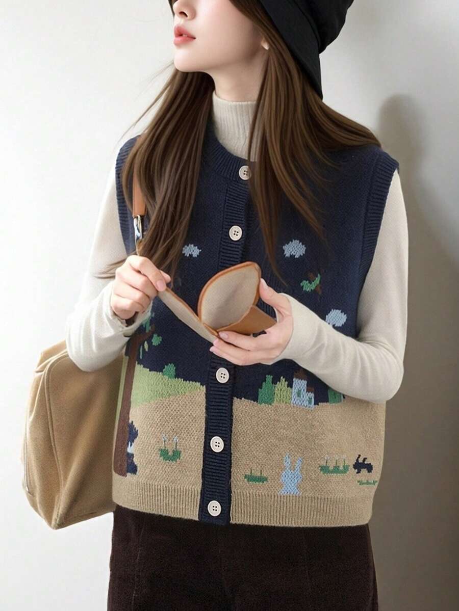 Alicedudu Women's Autumn Casual Cartoon Fun Pattern Floral Print Ribbed Knit Cardigan Vest - Navy Blue - View 1