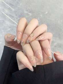 10 Pcs Handmade Press On Nails ,Gifts,Nails,Press On Short Nails, Almond Nails, Inlaid With Golden Flower Strips, Light And Luxurious, Elegant And In Temperament, Suitable Daily Use By Women Of Different Styles, Detachable And Reusable, And Can Also Be Given As Gifts To Female Friends Nail Supplies - L - 查看 4